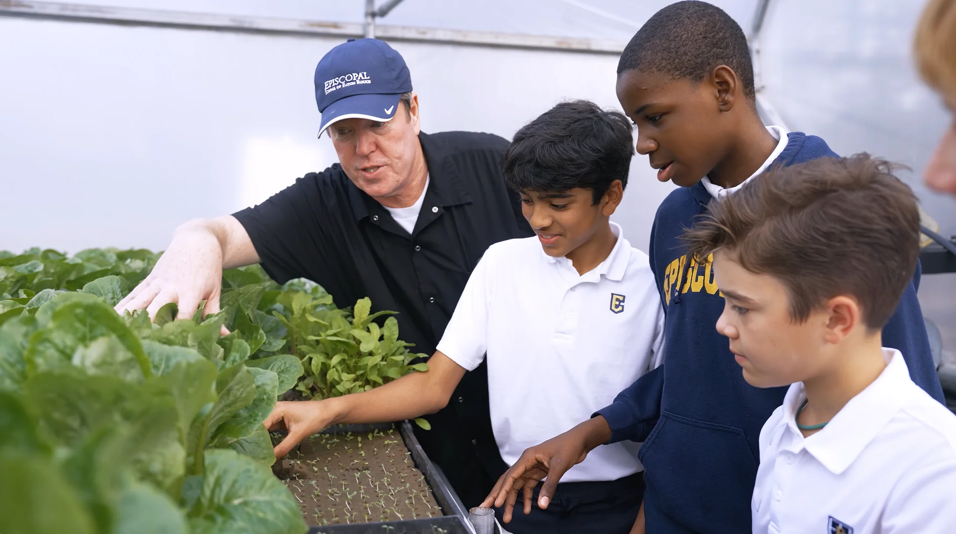Teacher guiding three students as they inspect lettuce seedlings in a greenhouse.