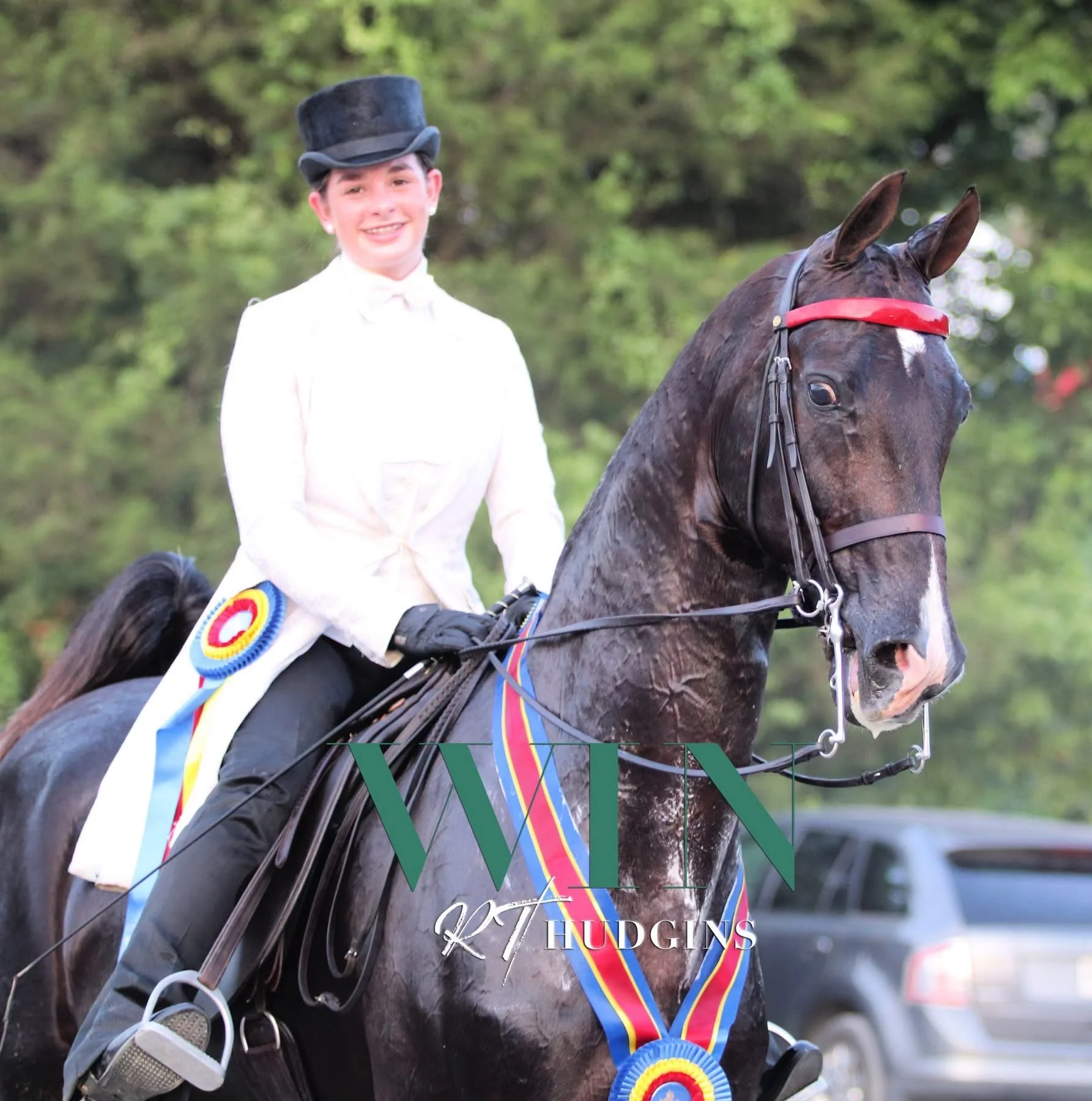Smiling rider in a white show jacket and black top hat seated on a black horse with a red browband and blue‑red‑yellow rosette ribbons.