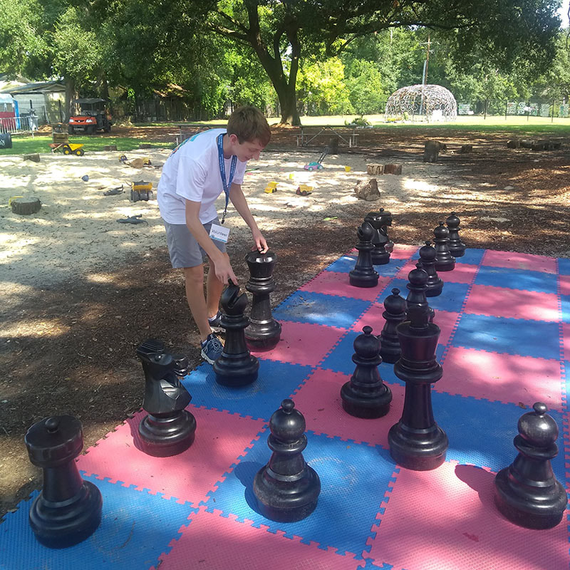 Students set up chess outdoors.